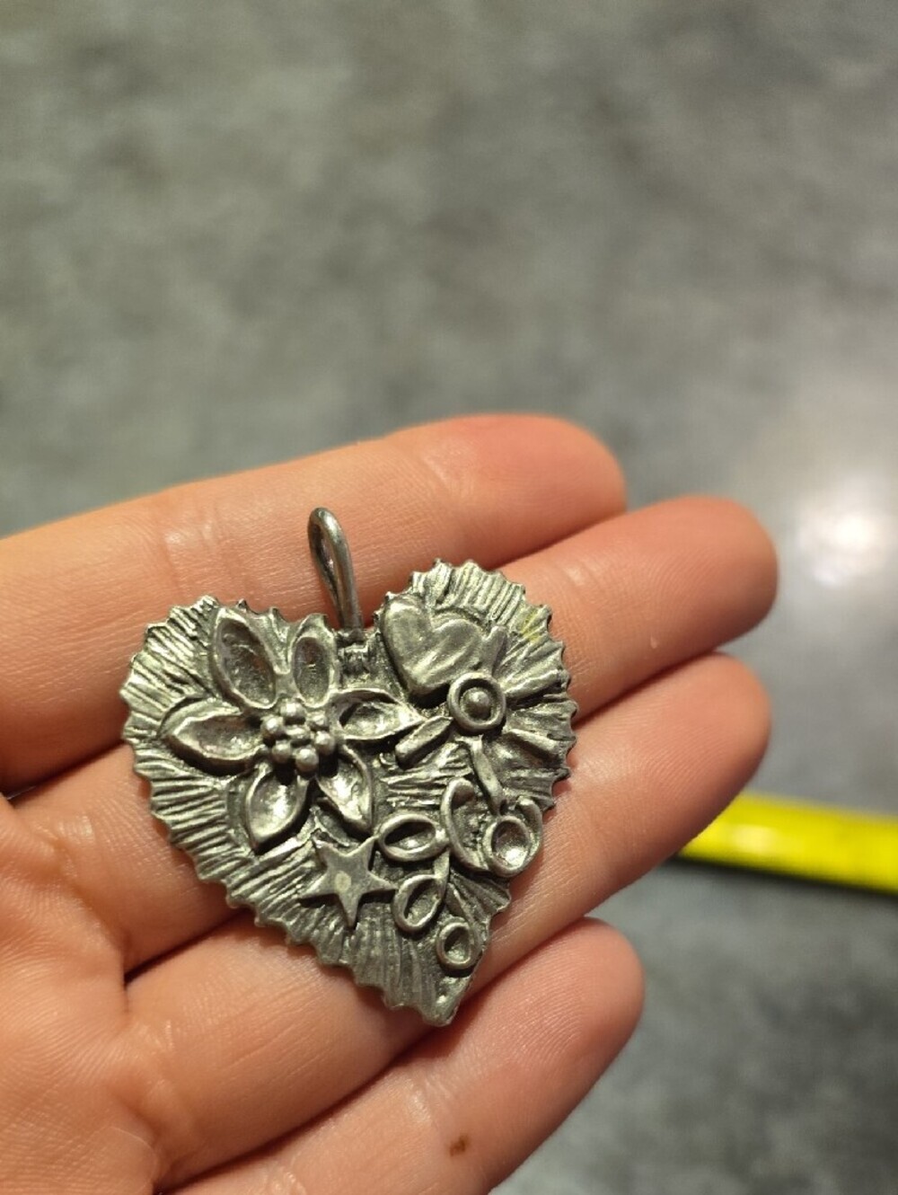 Vtg Marcie Pewter Ornate Celestial Heart Necklace Pendant Artisan Signed